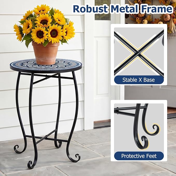 Giantex Outdoor Side Table, Blooming Lotus Mosaic Patio Accent Table, 14" Coffee End Table, Indoor Outdoor Metal Plant Stand for Porch Garden Balcony Desk