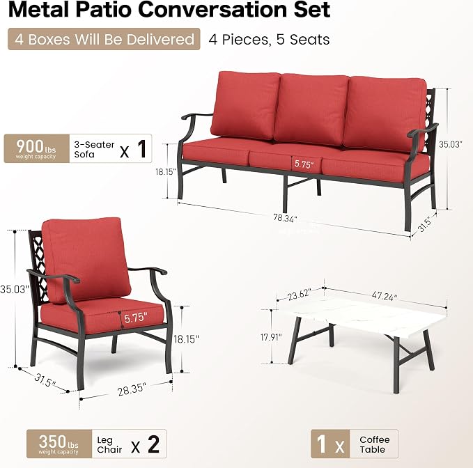 SUNSHINE VALLEY 4 Piece Metal Outdoor Patio Furniture Sets, Patio Conversation Sets 1 3-Seater Sofa, 2 Fixed Chair with 5.75" Extra Thick Cushion and Coffee Table, Black Frame Backyard Furniture, Red