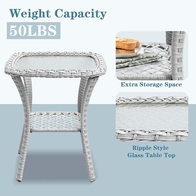 Small Outdoor Side Table - 50 LBS Weight Capacity Wicker Side Table with Storage, Tempered Glass Top Patio Side Table for Porch Balcony Deck Garden - Light Grey