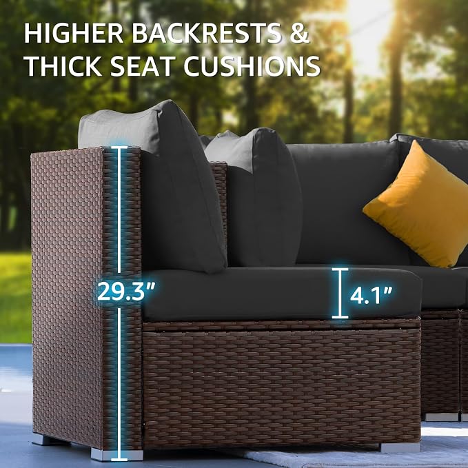 NICESOUL 15 Piece Outdoor Sectional with Fire Pit Table, Modern Luxury Patio Deep Seating w/Firepit, 29.3'' High-Back Wicker Couch Thick, Big High-Weight Capacity Sofa for Garden, Yard, Brown & Gray