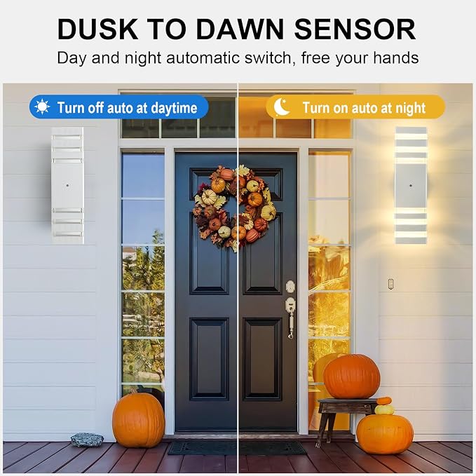 Dusk to Dawn Outdoor Wall Lights 2 Pack, White Front Porch Light Fixture, Anti-Rust Black LED Up and Down Outdoor Lights for House Hallway Garage Entryway