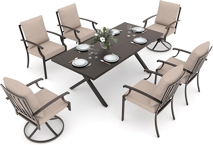 Gotland 7 Piece Outdoor Dining Set, Metal Outdoor Table and Swivel Chairs with X-Shaped Legs 1.5" Umbrella Hole, Patio Furniture Set with Waterproof Cushions, Patio Dining Sets for Backyard Deck Khaki