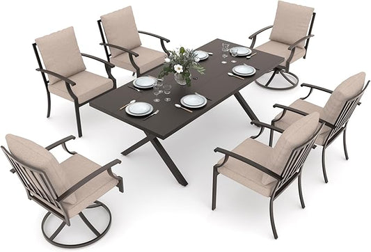 Gotland 7 Piece Outdoor Dining Set, Metal Outdoor Table and Swivel Chairs with X-Shaped Legs 1.5" Umbrella Hole, Patio Furniture Set with Waterproof Cushions, Patio Dining Sets for Backyard Deck Khaki