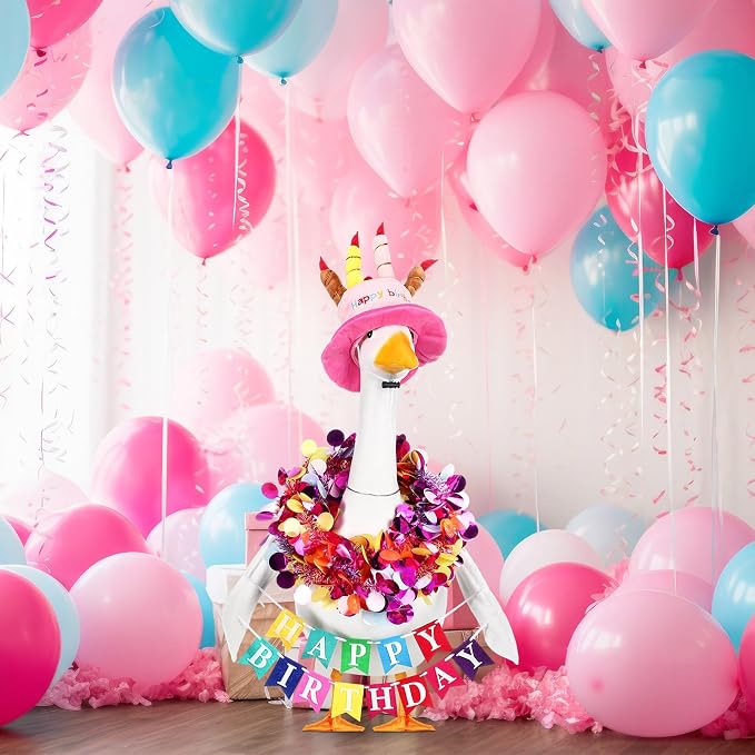 Abbylike 4 Pcs Happy Birthday Porch Goose Outfit for 23" Statues Poseable Porch Goose Wings Birthday Cake Hat for Lawn Patio Outdoor Geese Statue Decoration Accessories(Pink,Classic Style)