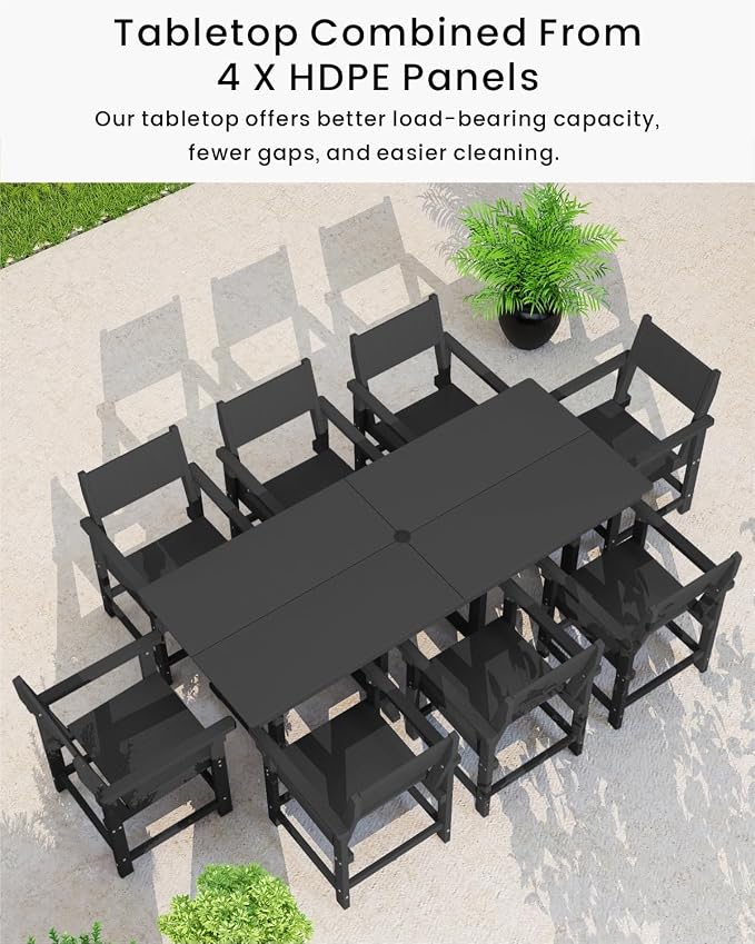 9-Piece Outdoor Dining Set, HDPE Weatherproof Patio Table and Chairs Set for 8, Outdoor Patio Furniture Sets with Umbrella Hole for Outside, Deck, Backyard, Garden (Black)