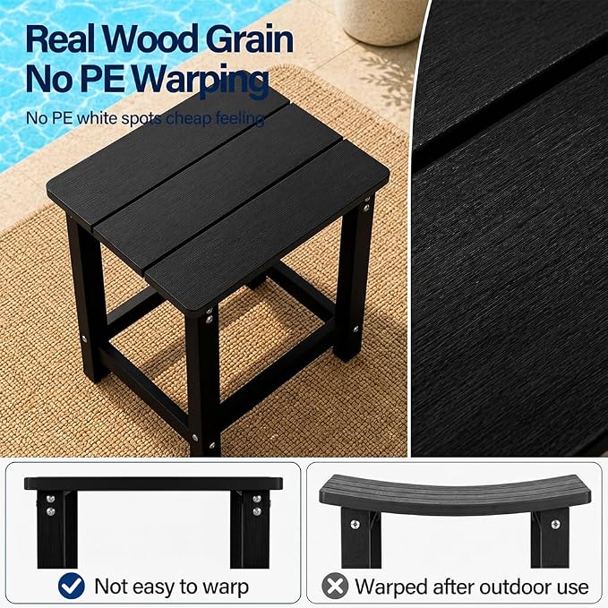 MXIMU Outdoor Side Table Set of 2: Heavy-Duty Sturdy Warp Resistant Adirondack Table - Wood Grain Finish Outdoor End Tables - Easy Assembly & Low Maintenance Patio Side Table Black