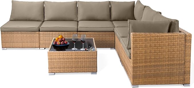 NOBLEMOOD 7 Pieces Patio Furniture Set, All Weather Outdoor Rattan Conversation Sectional Sofa Set with Cushion, Coffee Table for Porch Deck Garden