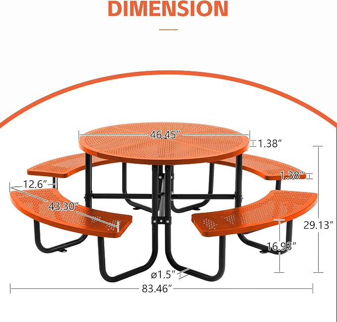 46" Outdoor Round Perforated Picnic Table Metal Camping Table with Umbrella Hole - Heavy Duty Steel Mesh Picnic Bench Set for Backyard Garden Deck, Orange