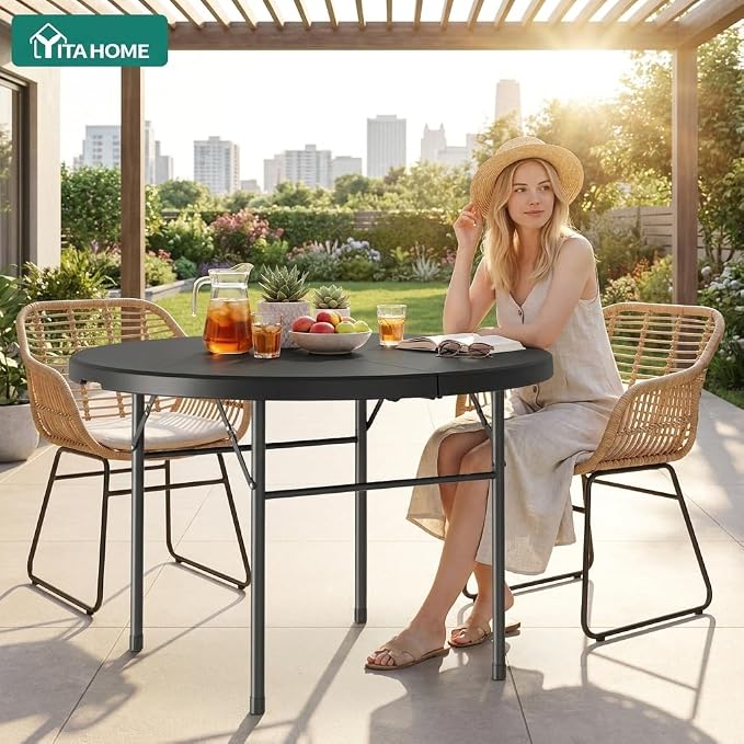 YITAHOME Heavy Duty Folding Table 48", Black Round Plastic Outdoor Table, Portable Round Foldable Table for Patio Banquet Camping Picnic Party Dining
