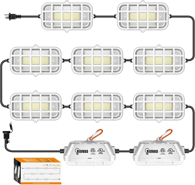 RIUVAO 100ft LED Construction String Lights,Super Bright 300W 30000LM Waterproof IP67 Led String Work Lights, Construction Temporary Lights (Upgrad 100ft-10lights)