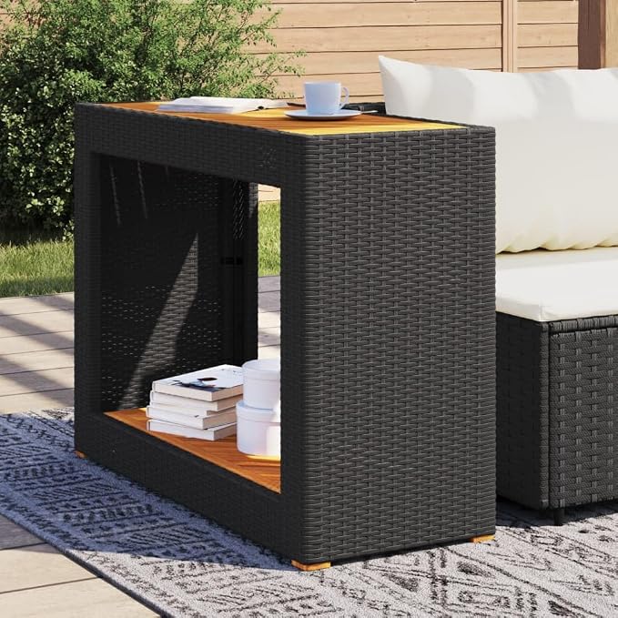 Patio Side Table with Wooden Top Black 39.4"x15.7"x29.5" Poly Rattan Outdoor Coffee End Table for Patio, Garden, Backyard, or Balcony
