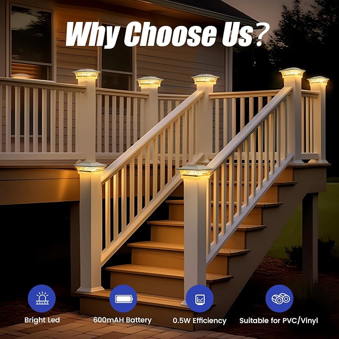APONUO Solar Post Cap Lights 6 Pack for 4x4 5x5 6x6 Wood & Vinyl Fences - IP65 Waterproof, All-Night Auto On/Off, Warm/Cool White Light, Outdoor Deck Patio Garden (White)