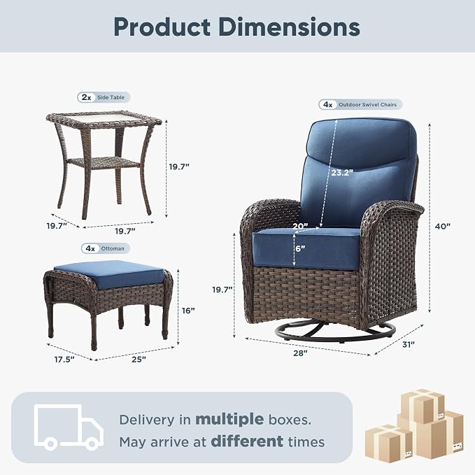 HUMMUH 4PCS Outdoor Swivel Rocker Patio Chairs with Ottomans,Luxury 6-inch Thick Cushion,High Back Patio Furniture Set,Wicker Conversation Set for Deck Yard and Poolside