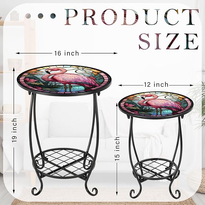 Cinnvoice 2 Pcs Outdoor Side Table Small Patio Round Mosaic Accent End Table Indoor Plant Metal Coffee Tea Tables for Patio Yard Porch Garden Living Room(12" and 16",Flamingo Style)