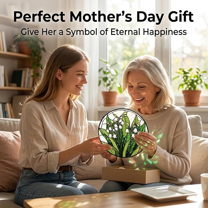 Birthday Gifts for Women - Lily of the Valley Faux Stained Glass Window Hanging Sun Catcher for Door Garden Acrylic Decor Mother's Day Christmas May for Mom Nana Grandma Sisters 6.3"