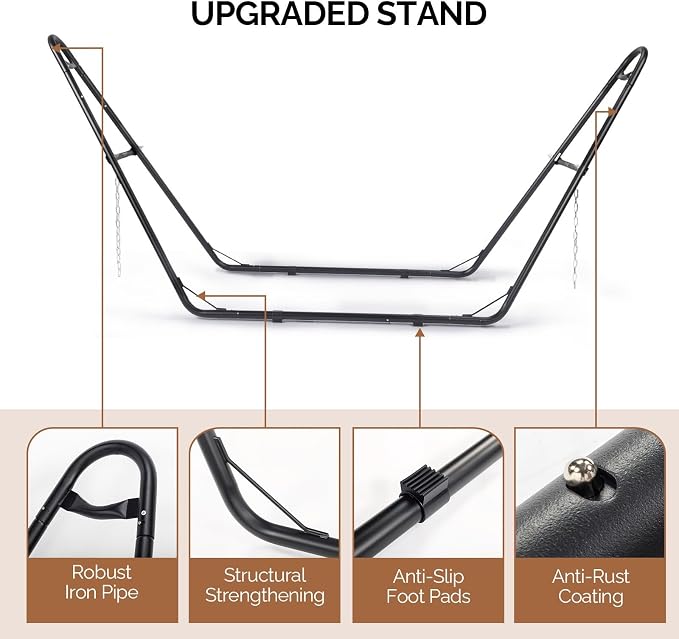 Double Hammock with Stand Adjustable Hammock Set for 2 Person Holds 550lbs, Include Dual-Spreader Bar, Pillow, Easy Setup, Free Standing hammocks for Outside, Patio, Yard, Garden (Grey)