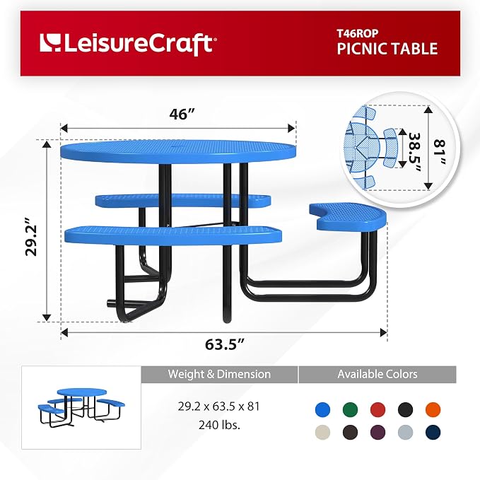 Leisure Craft Metal Picnic Table with Bench - 46" Round Outdoor Dining Table with Umbrella Hole, Heavy Duty Thermoplastic Coating, ADA Compliant, Commercial Grade Furniture Made in USA - Blue