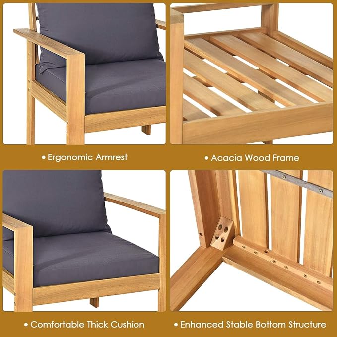 HAPPYGRILL 4 Pieces Wood Patio Conversation Set, Outdoor Furniture Sofa Table Set, Cushions, Acacia Wood Chairs & Coffee Table Set for Garden Backyard Poolside