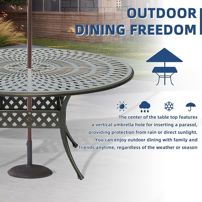 61" Large Outdoor Dining Table with 2" Umbrella Hole, Cast Aluminum Outdoor Patio Dining Table for 8 Person, All Weather Large Round Patio Table for Garden Lawn Backyard, Dark Bronze
