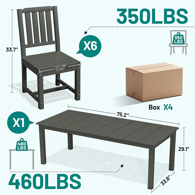 PLUUV Outdoor Dining Set for 8 Person, HDPE Large Table with Aluminum Legs and 8 Armless Chairs, All-Weather Patio Dining Furniture Set with Umbrella Hole for Backyard, Garden, Grey