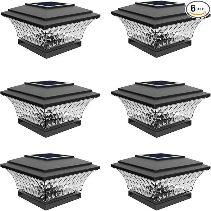 HUYIENO Solar Cap Lights Outdoor LED Lighting Deck Fence Two Light Modes Warm White/Bright White Suitable for 4x4 Wooden Posts Black 6PK
