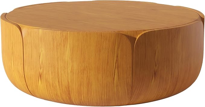 35.63" Round Outdoor Indoor Coffee Table - Modern Wood Grain Drum Center Table, Sturdy MGO Waterproof, No-Assembly Table for Patio, Garden, Backyard, Living Room