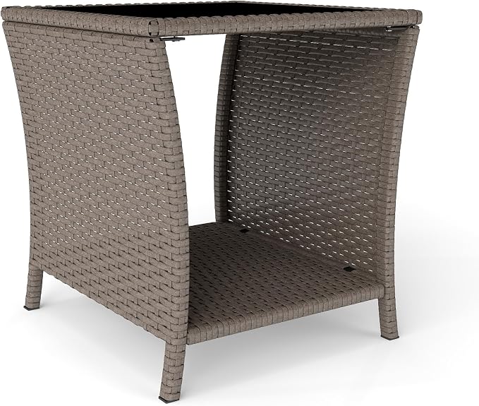 Kinfant Rattan Patio Side Table - Modern Wicker End Table, PE Rattan Coffee Table with Glass Top, Weather-Resistant Patio Furniture for Patio, Balcony, Garden, and Poolside (1, Sesame)
