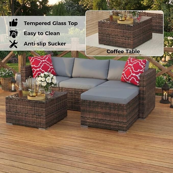 5 PCS Outdoor Sectional Sofa Set, Outdoor Patio Set Sectional Sofa, All-Weather PE Rattan Patio Furniture with Ottoman & Tempered Glass Table for Garden, Backyard, Porch, Poolside (Brown/Gray)