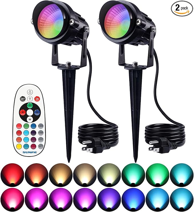 SUNVIE RGB Spot Lights Outdoor 12W LED Color Changing Landscape Lights with Remote Control 120V RGBW Landscape Lighting Waterproof Outdoor Spotlight for Yard Garden Patio Lawn Decorative, 2 Pack