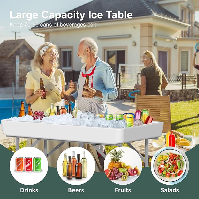 4 Foot Ice Cooler Folding Table, Party Ice Tables with Drain and Detachable White Skirt, Large Plastic Cooler Table to Keep Drinks Cool for Weddings, Outdoor, Picnics, Pool, Camping, BBQ, White