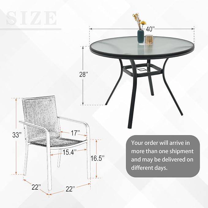 Anmutig 5-Piece Outdoor Dining Set, 40-Inch Round Glass Table with 4 Stackable Chairs, Brown