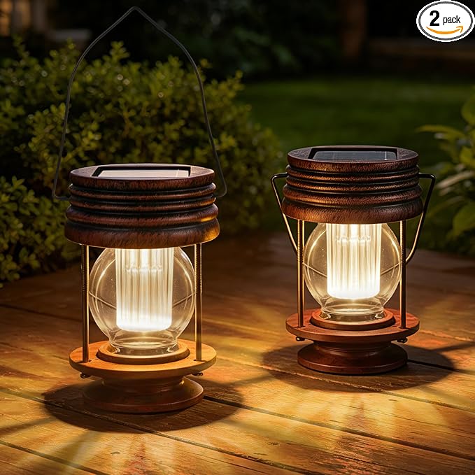 Solar Lanterns Outdoor Patio Decor, 2 Pack Hanging Solar Lights Waterproof, Retro Decorative Table Lamps with Warm Glow for Porch, Yard, Garden, Pathway & Backyard Decoration