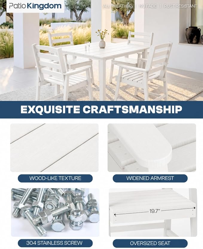 HDPE Outdoor Dining Set for 4 with 10FT Umbrella, White | All-Weather HDPE, Wood Grain Finish, 42.5" Square Table, Built-In Umbrella Hole, Seats 4, Patio & Poolside Ready