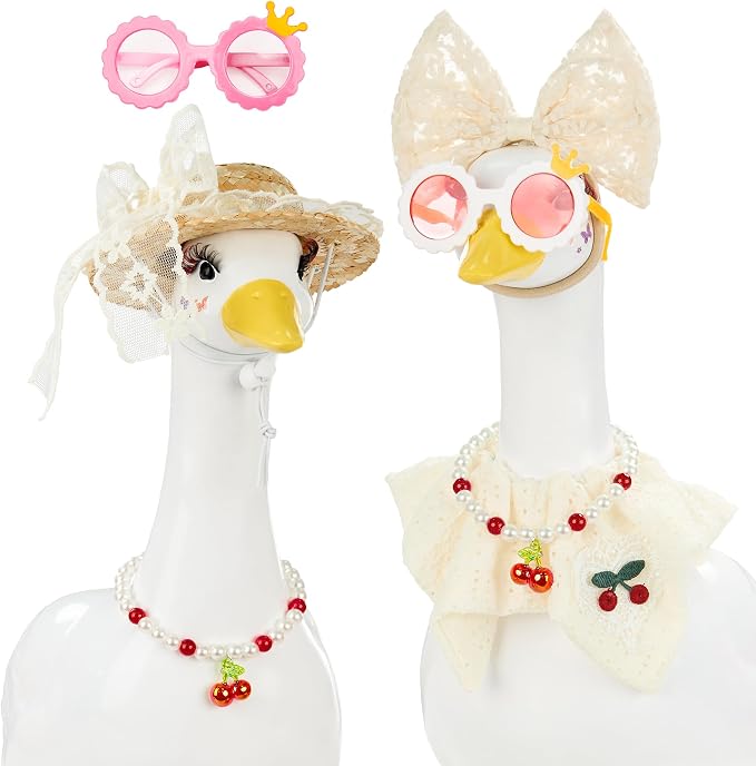 Porch Goose Statue 8pc Accessory Combination Set, White Lace Goose Accessories Kit with Glasses Bow Hat Necklace Stickers for 23 Inch Goose, Elegant Girl Style Yard Decor (White Lace 8PC)