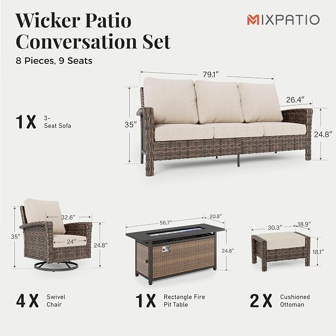 MIXPATIO 8-Piece Wicker Patio Furniture Set with Swivel Chairs, High Back Outdoor Furniture with Fire 57'' Pit Table and Ottoman, All-Weather Wicker Patio Conversation Set for Deck Yard Pool, Beige