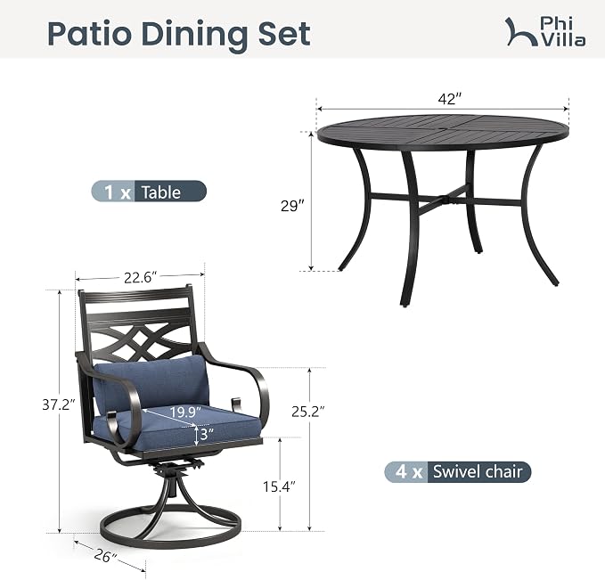 PHI VILLA Patio Dining Set, Swivel Chairs, Round Metal Table | Metal chairs, Blue, Umbrella Hole, Cushions, E-coated