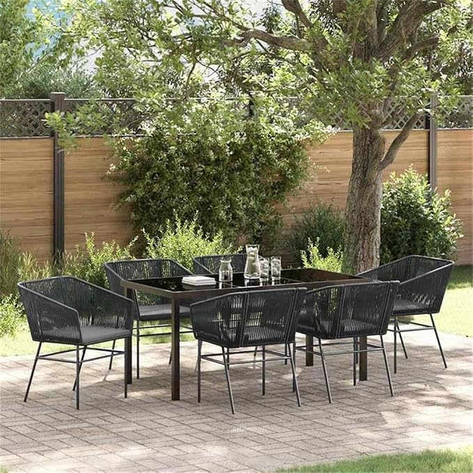 Afuera Living 7-Piece Powder-Coated Steel Garden Dining Set, Black Finish, Rectangular Table with Tempered Glass Top, Outdoor Cushions, Seats 6, Modern Patio Furniture for Balcony, Terrace or Backyard