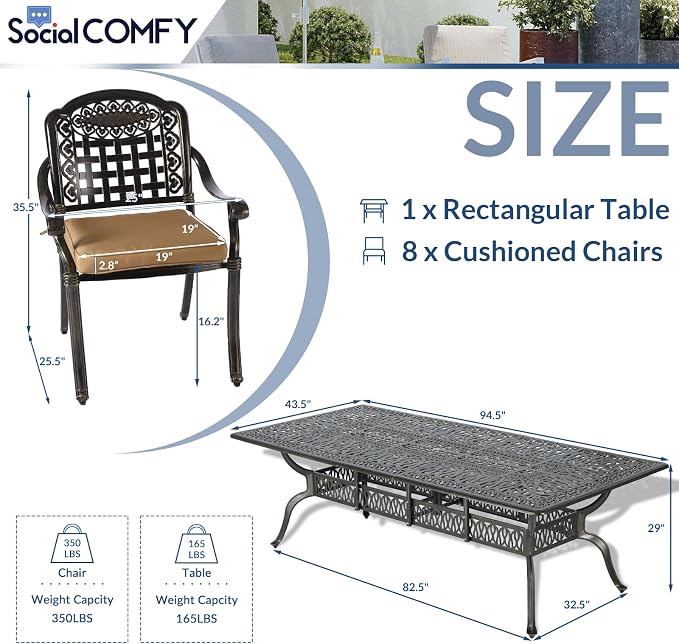 9-Piece Patio Cast Aluminum Dining Set, Outdoor Table and Chairs Set for 8, Includes 94.5" Rectangular Dining Table and 8 Cushioned Chairs with Umbrella Hole for Backyard Lawn Garden, Tan
