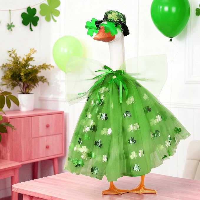 Soulchen 1 Set St. Patrick's Day Clover Porch Goose Outfits 23 Inch Cement Goose Clothes Geese Glasses and Hat Outfit Costume Set for Irish St. Patrick's Holiday Outdoor Garden Yard Decor