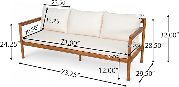 Christopher Knight Home Vorms 5-Piece Acacia Wood Patio Furniture Set with Rope Backrest, Patio Conversation Chat Set for Backyard Balcony, Outdoor 7-Seater Seating Group with Coffee Table, Teak+Cream
