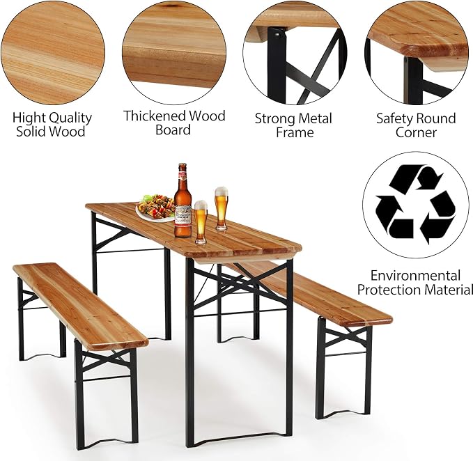 AVAWING 5.8FT 3-Piece Portable Picnic Table Bench Set, 6-8 Person Folding Wooden Dining Table Set，70" Patio Beer Table for Outdoor Activities Garden BBQs Parties Camping