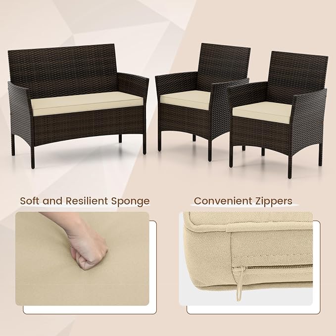 DORTALA Wicker Patio Furniture Set 4 Piece, Outdoor PE Rattan Table & Chairs Set with Tempered Glass Coffee Table, Loveseat, Cushions, Conversation Set for Balcony, Porch, Backyard, Deck, Beige