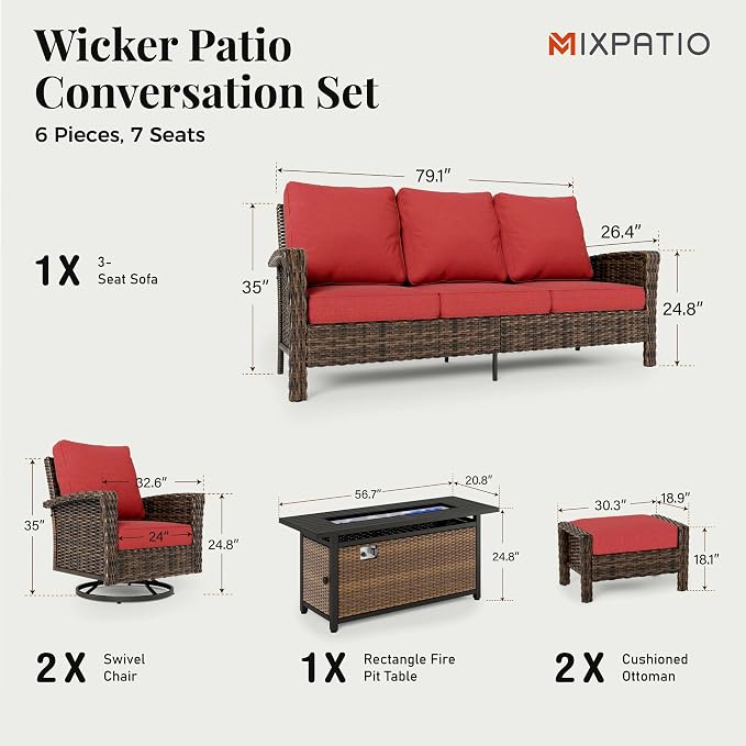 MIXPATIO 6-Piece Wicker Patio Furniture Set with Swivel Chairs, High Back Outdoor Furniture with Fire Pit Table and Ottoman, All-Weather Wicker Patio Conversation Set for Deck Yard Pool,Red