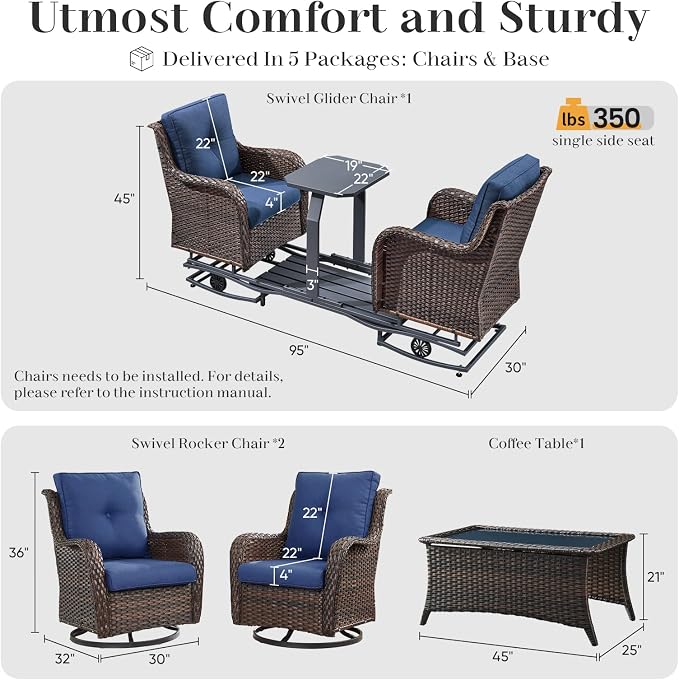 Rilyson Luxury Wicker Outdoor Conversation Set with Glider Rocker Chairs, 4 Pieces Patio Furniture Set with Rattan Swivel Rocker Chairs and Coffee Table All Weather Brown/Blue