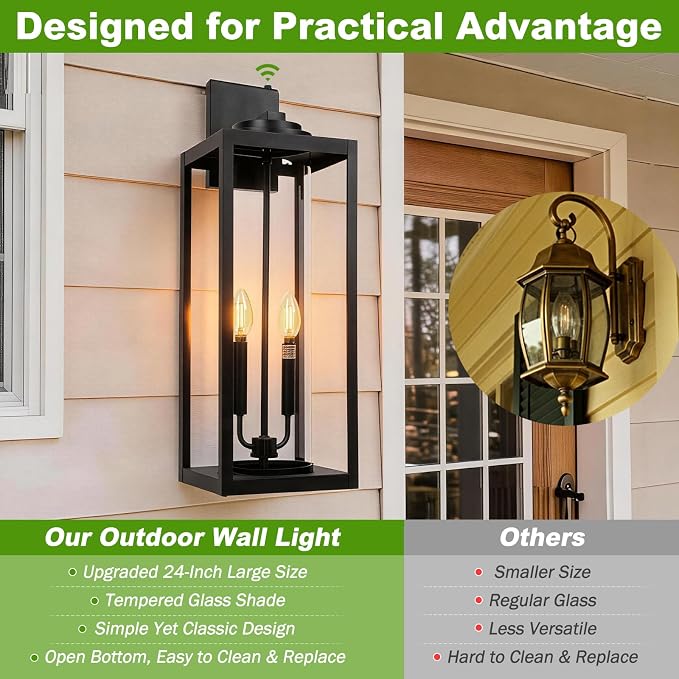 Extra Large 24 Inch Outdoor Wall Lights, Dusk to Dawn Sensor, Black, 2-Pack | IP65 Waterproof, Anti Rust, Tempered Glass, E12, 2-light, Weather-Resistant, Modern, Outside, Porch, Garage and Entryway