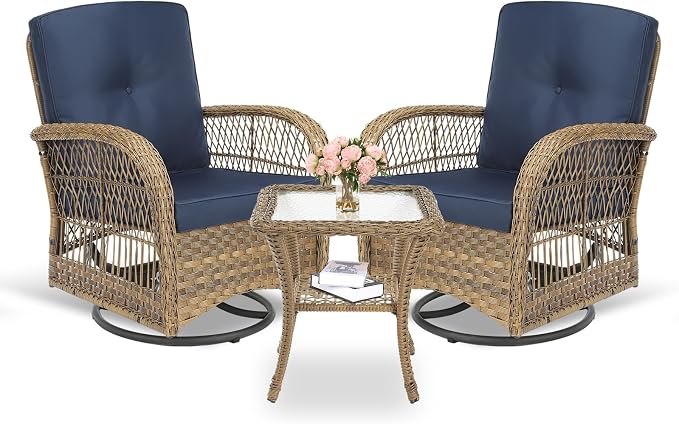 MEETWARM 3 Pieces Outdoor Wicker Swivel Rocker Patio Set, Rocking Chairs Rattan Patio Furniture Sets with Thickened Cushion and Glass-Top Coffee Table, Conversation Bistro Set for Porch (Navy Blue)