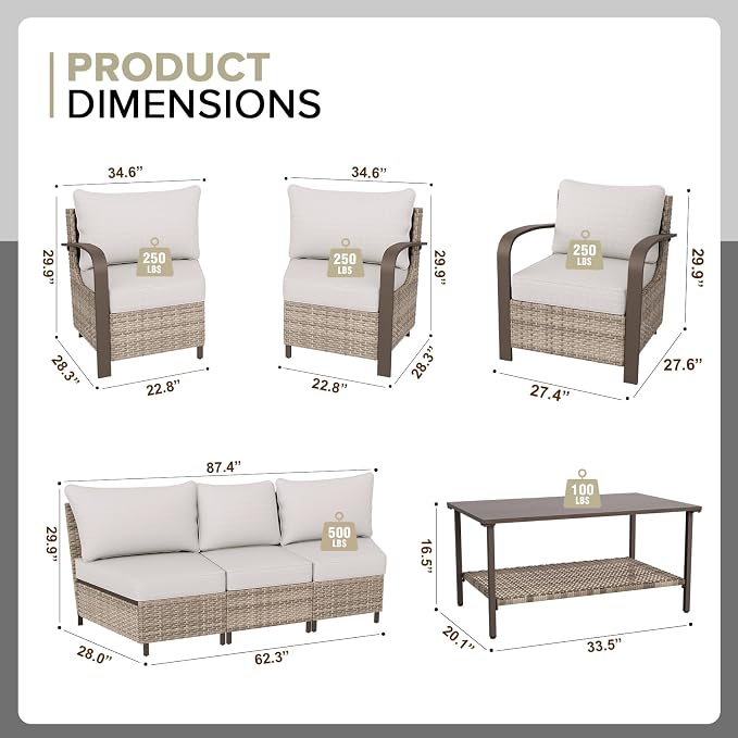 COOS BAY Aurora Terrace 6 Piece Outdoor Sectional Furniture Set, Half Moon Rattan Wicker Conversation Set with Patio Chairs, 5 Seat Sofa & Coffee Table for Patio Garden Yard, Beige/Beige