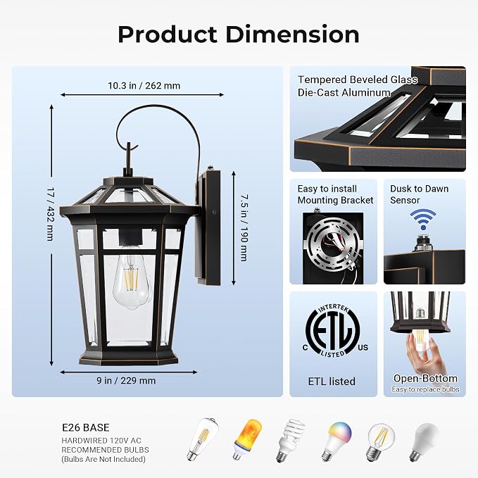 VIANIS Large Exterior Wall Light, Waterproof Dusk to Dawn Porch Lights, Rustproof Aluminum Outdoor Wall Lamp, Black Gold Trim Exterior Porch Lights, Outside Lighting Fixtures for House, Garage, Coach