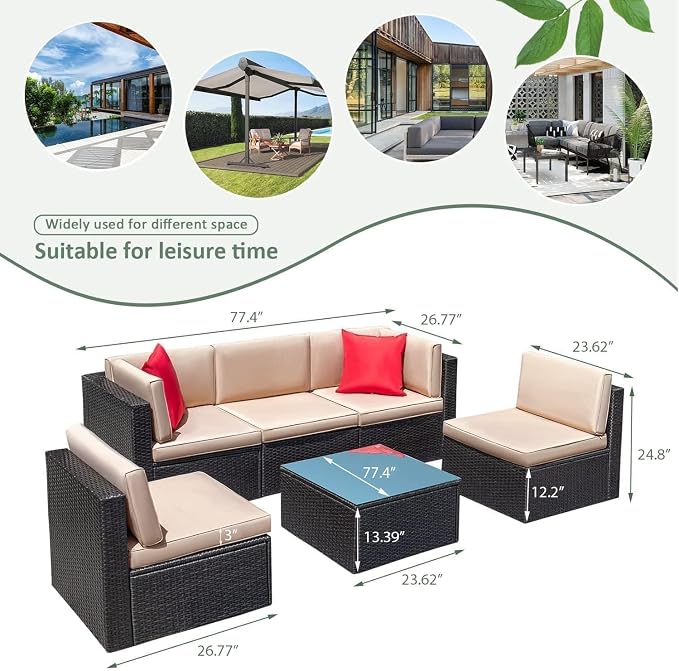 6-Piece Outdoor Patio Furniture Set with Manual Weaving Rattan Sectional Sofa, Glass Coffee Table, Cushions Included, Wicker Patio Conversation Set for Garden, Backyard, Porch Lounge Areas(Beige)