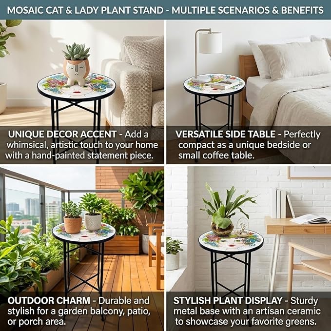 Mosaic Outdoor Side Table Small Round Patio Table Plant Stand | 21" Accent End Table with 14" Ceramic Tile Top for Small Spaces Porch Pool Garden Decor Indoor Living Room Bedroom Balcony